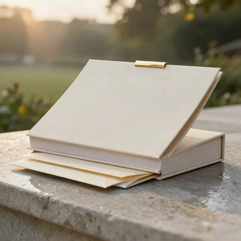 Ivory report bundle with folios, inserts, envelope and brass clip on wet stone
