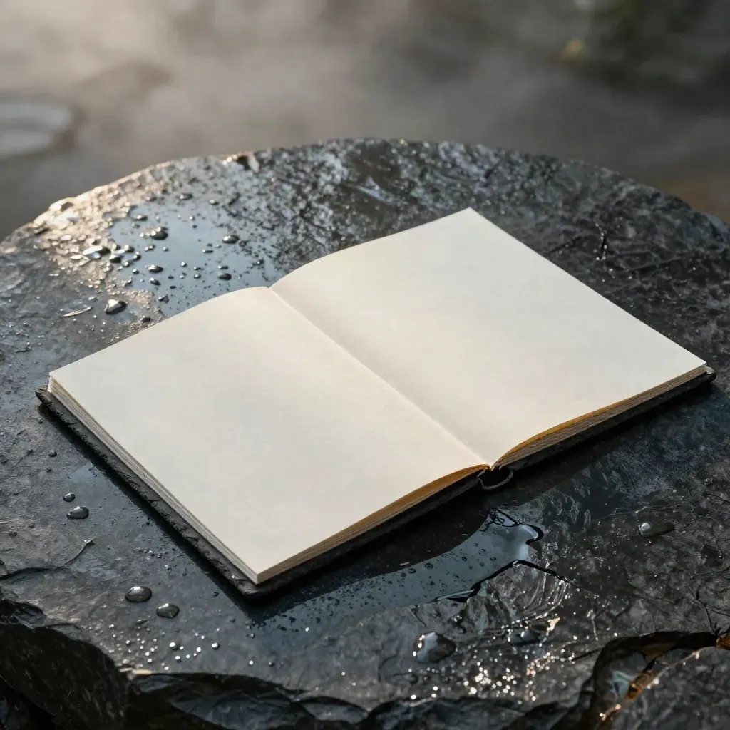Slate analysis folio and tabbed inserts on wet basalt with glossy drizzle reflections.