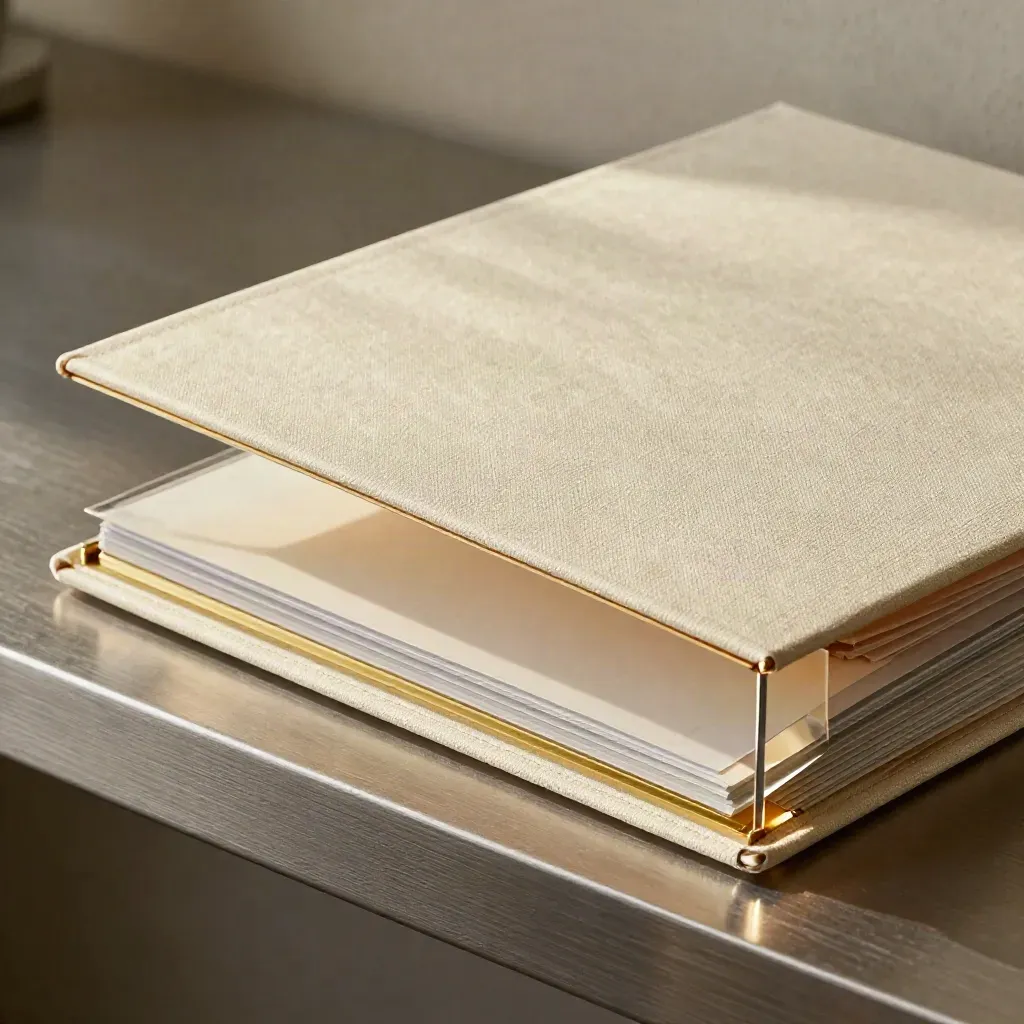 Pale linen pricing-study folder with acetate dividers and a gold spine on a pewter ledge.