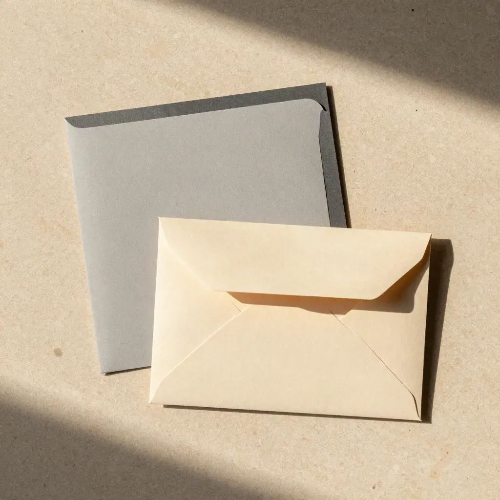Overhead survey pack flatlay with folder, cards and envelope on warm stone.