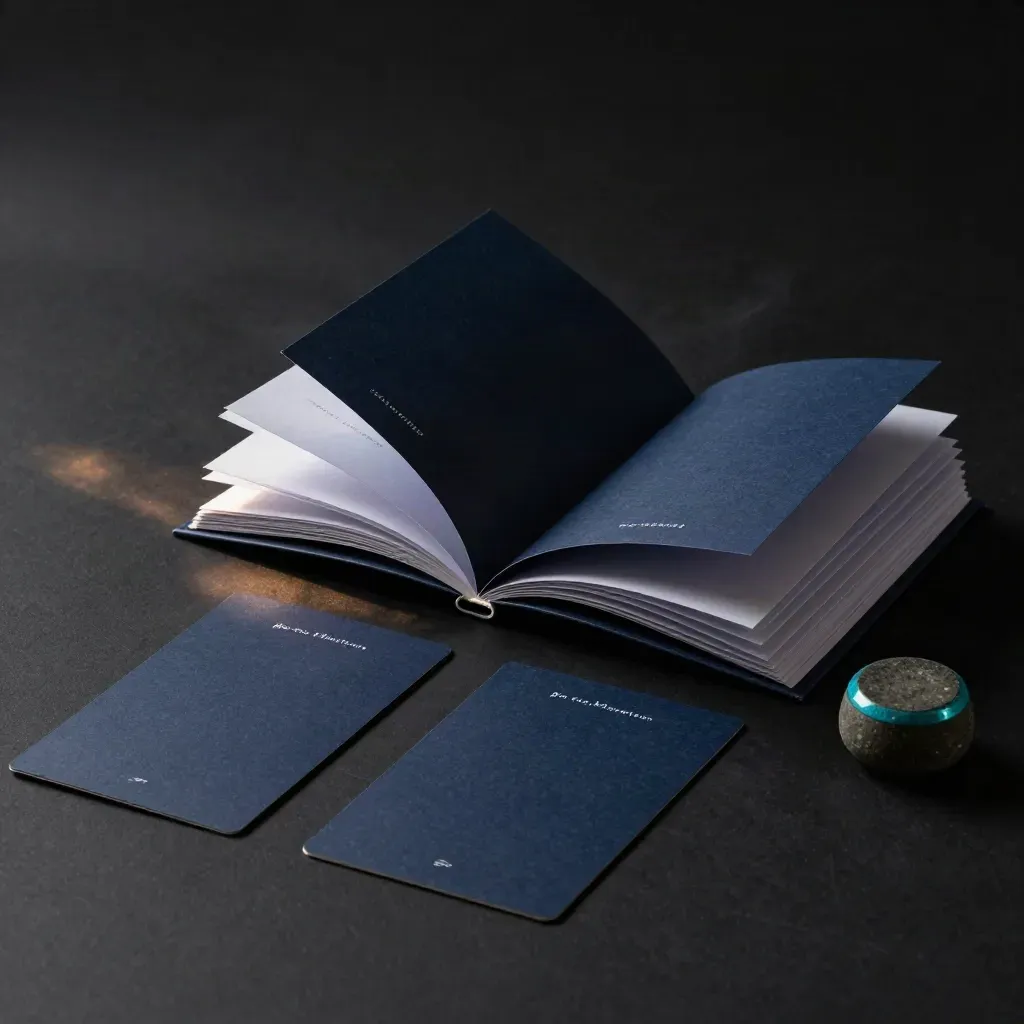 Deep navy go-to-market folio opens under dramatic rim light on matte black, with route cards and a stone weight.