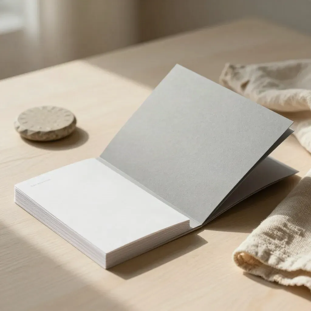 Slate folder, white cards, stone token and linen cloth on pale wood