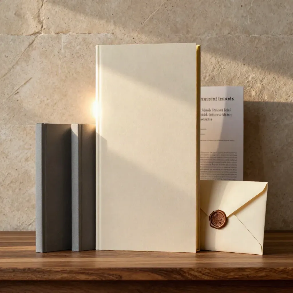 Tall report block with gold edge, slim booklets and envelope on walnut plinth, soft studio light