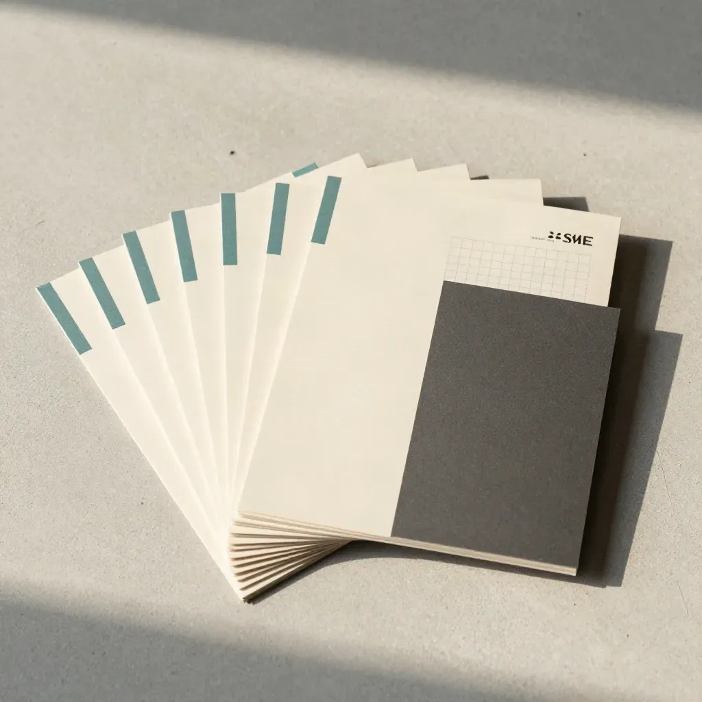 Overhead sales insights pack with tabbed inserts, envelope and worksheet on pale concrete.