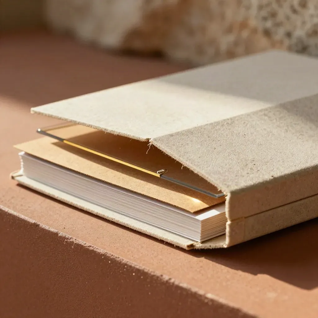 Macro of a pale stone startup launch check kit with kraft layers and gold detail.