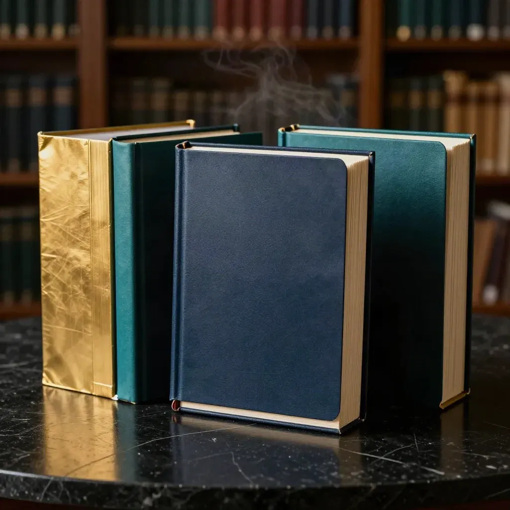 Three unbranded report packs with navy, teal and gold edges on dark stone in dramatic studio light.