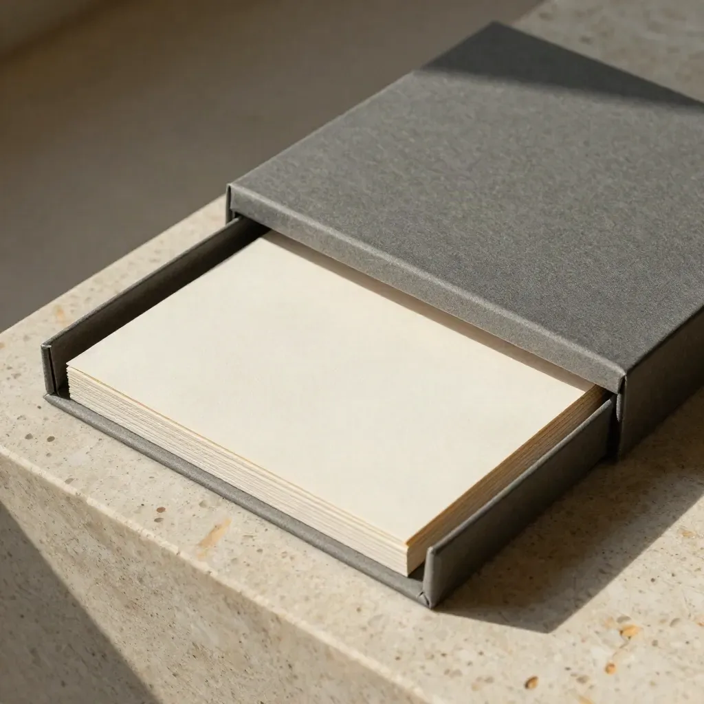 Half-open market report pack on travertine with linen sheet and slate insert card.