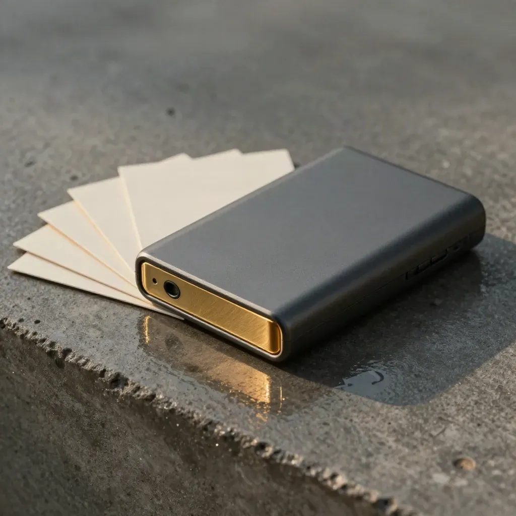 Matte price-map portfolio with gold accent on wet concrete, dramatic close-up.