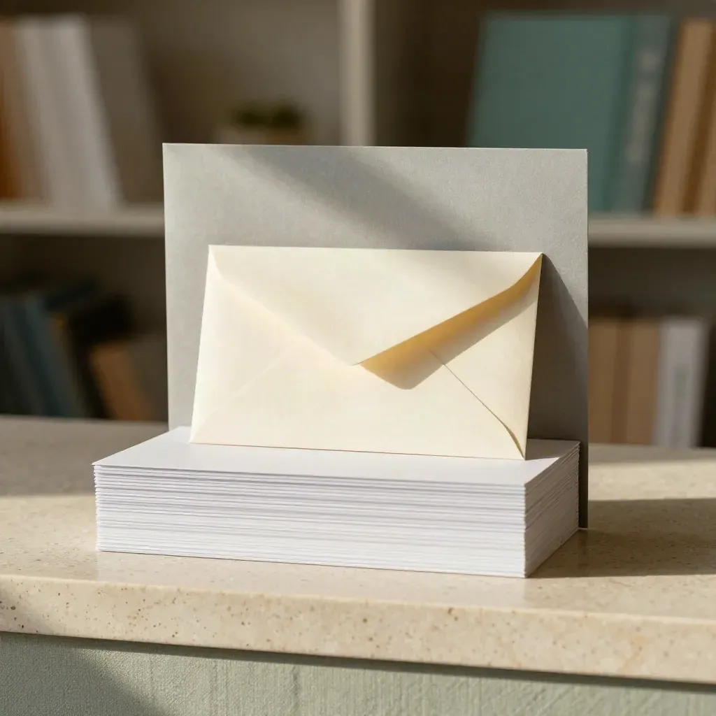 Clean survey kit stack, grey folder and slim envelopes on a pale travertine plinth