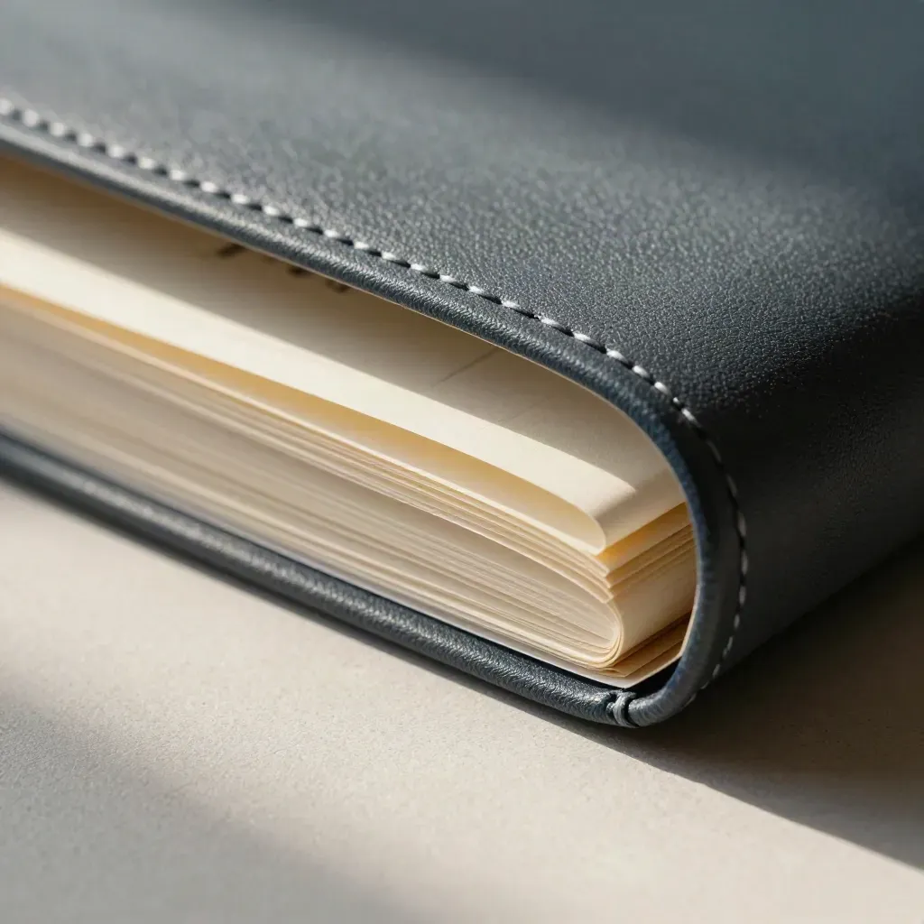 Macro of a slate folio with cloth spine and translucent dividers on pale stone.
