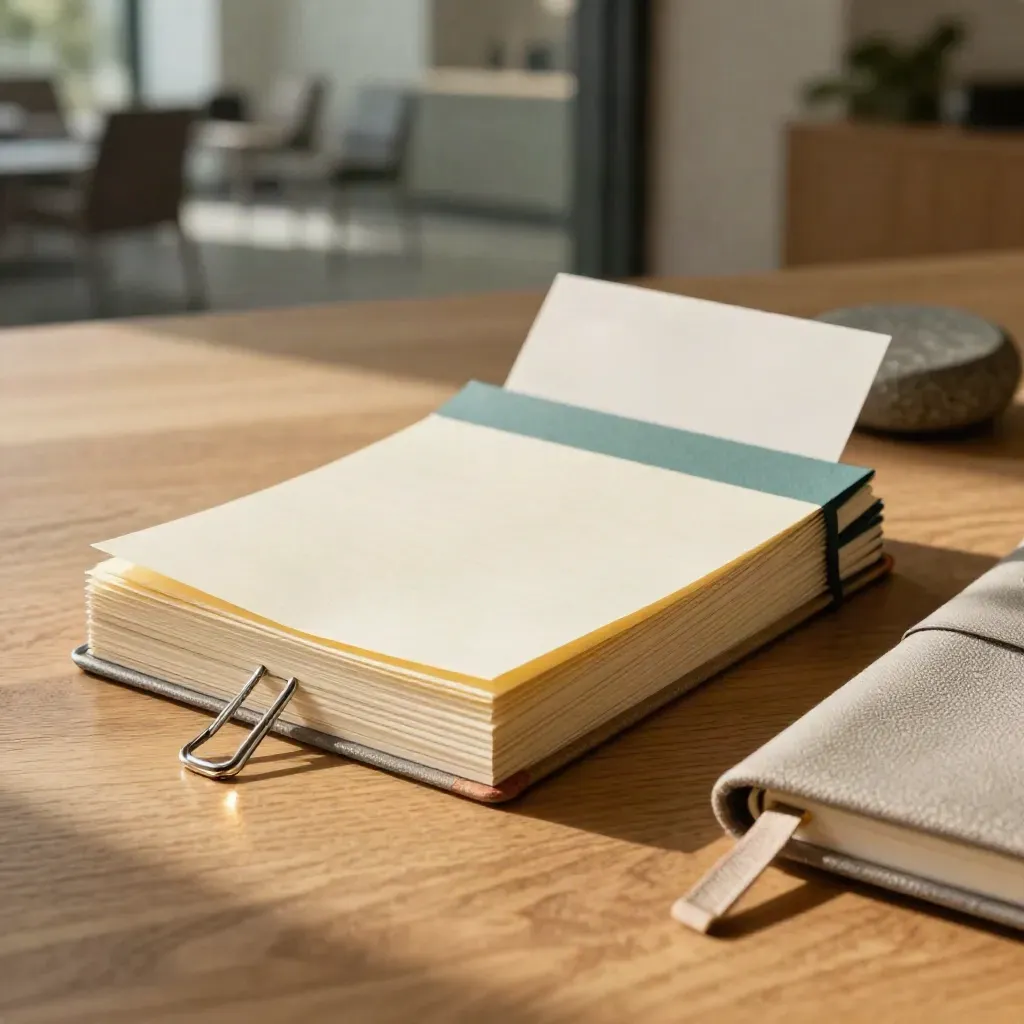 Sales call review pack with clipped cards, notebook and paperweight on warm oak, soft daylight.