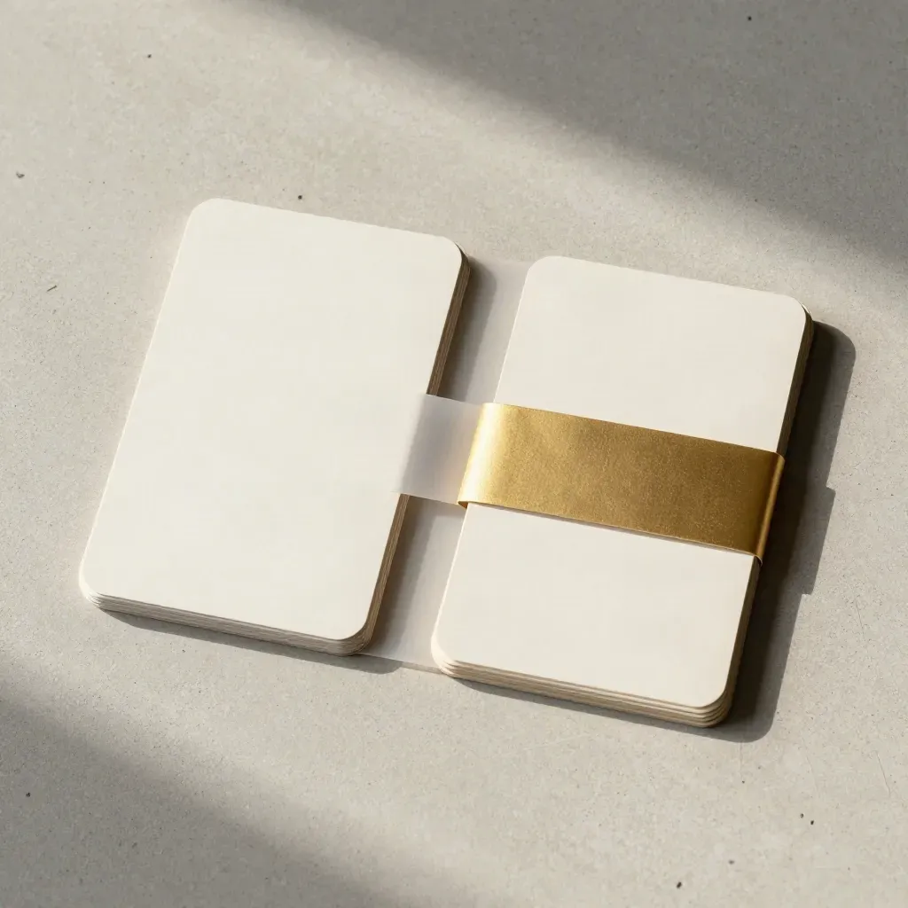 Two offset blank card decks with a frosted insert and gold band on pale concrete.