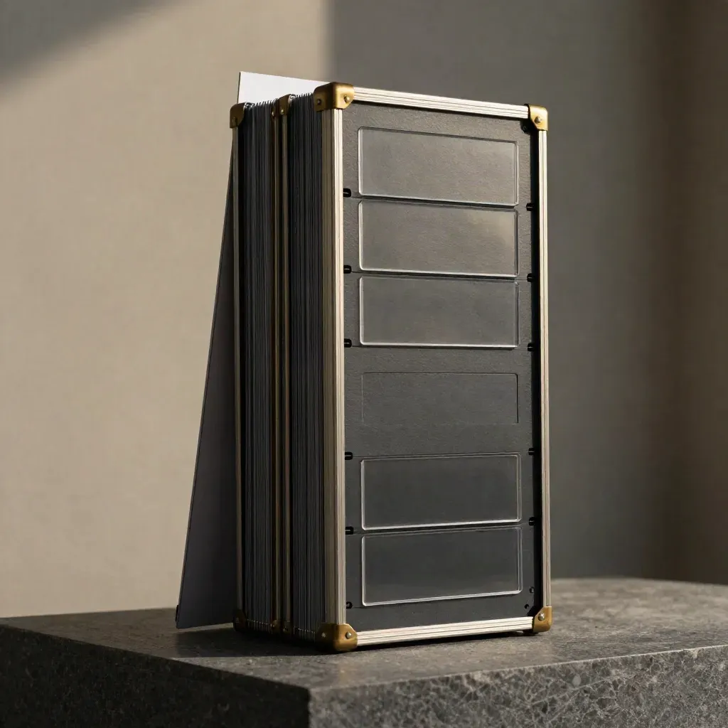 Upright board slide pack case with blank slides and slim folders on a dark stone plinth.
