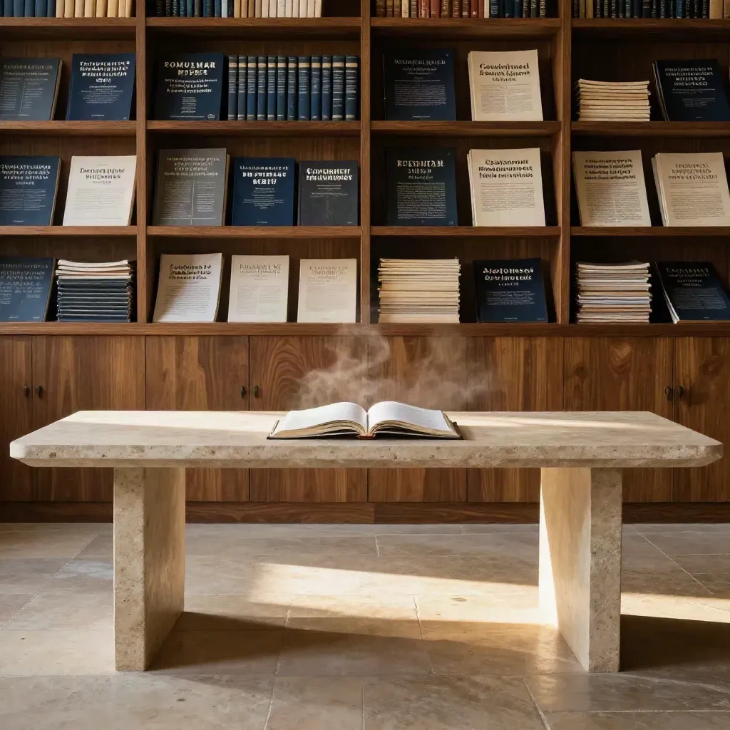 Sunlit stone reading room with report volumes on limestone, upper shelves, and calm copy space.