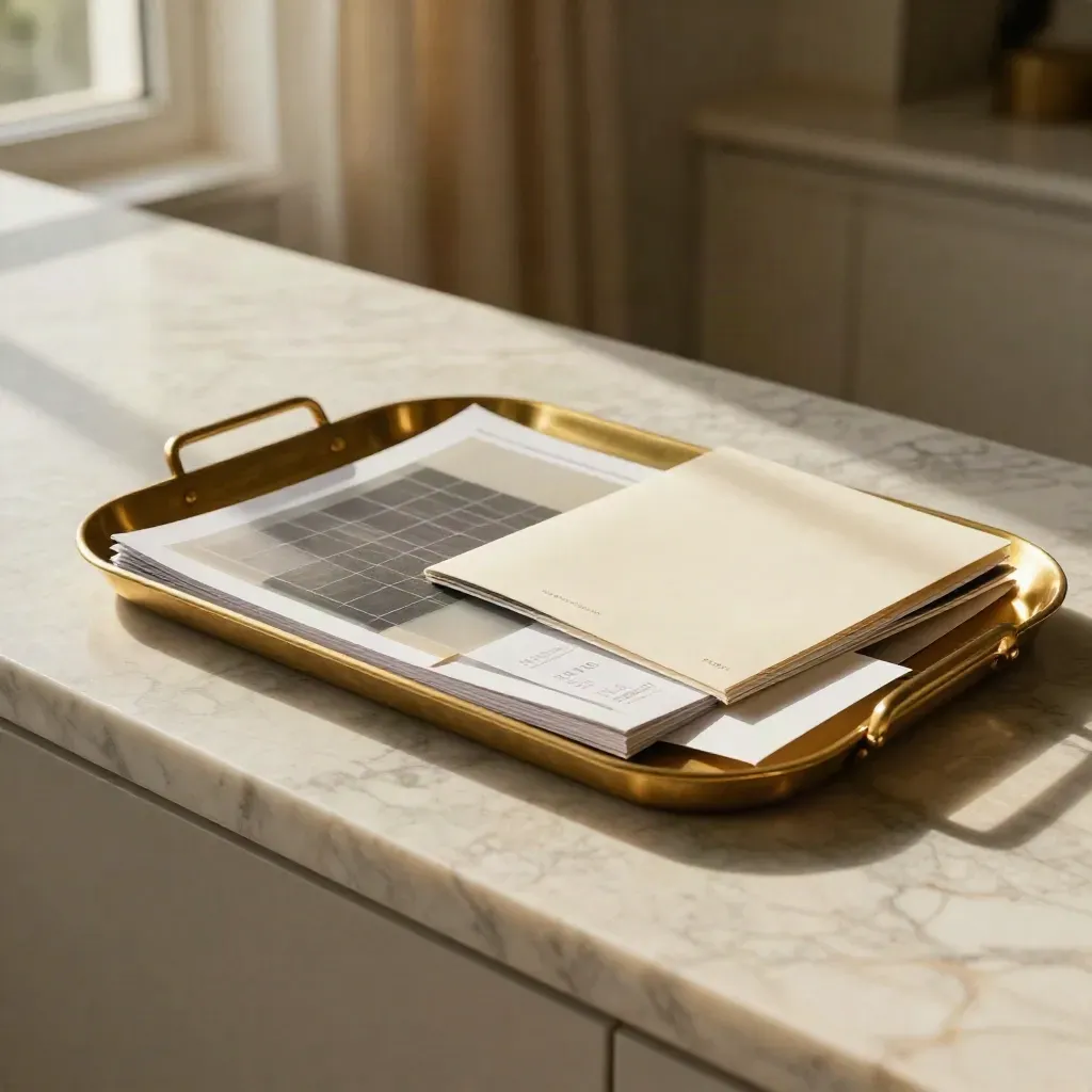 Brass tray on sunlit marble with abstract pricing study folios and quiet copy space below